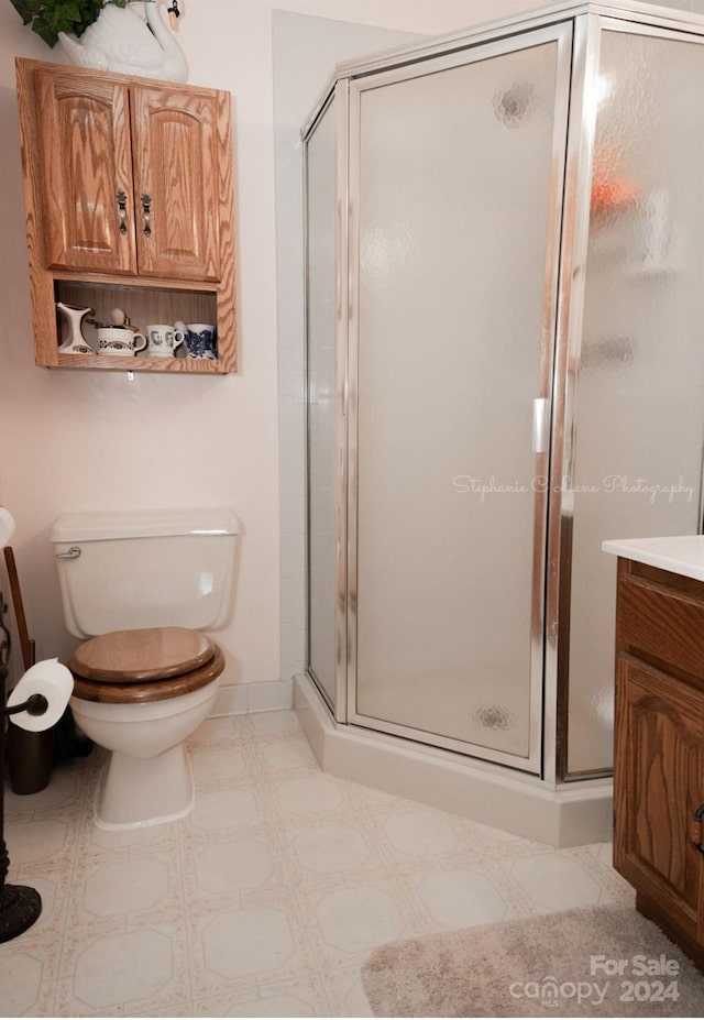 bathroom featuring a shower with door, vanity, and toilet