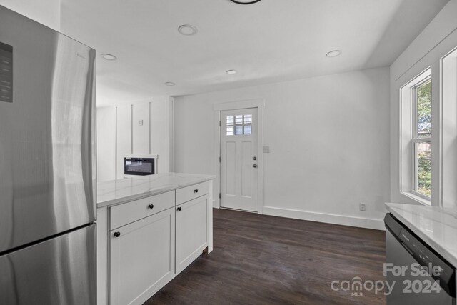 kitchen with plenty of natural light, stainless steel appliances, and dark wood-type flooring