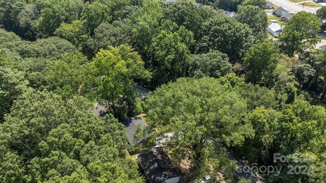 aerial view featuring a wooded view