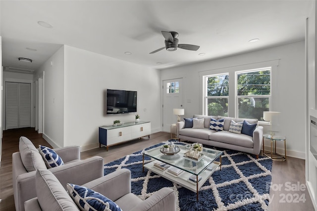 living room with ceiling fan and wood-type flooring