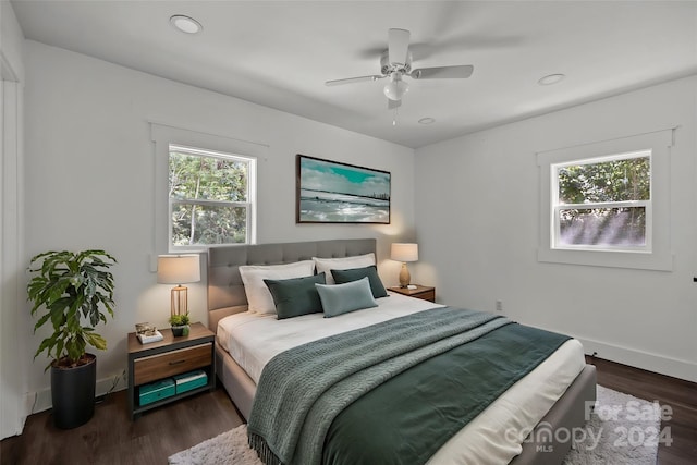 bedroom featuring ceiling fan, multiple windows, wood finished floors, and baseboards