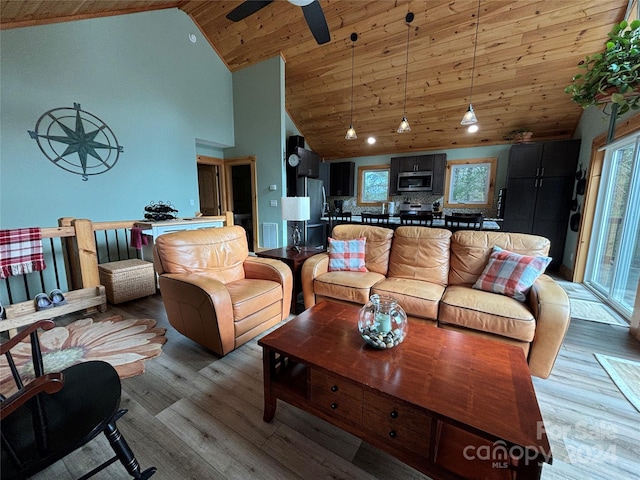 living room featuring high vaulted ceiling, ceiling fan, wood ceiling, and light hardwood / wood-style floors