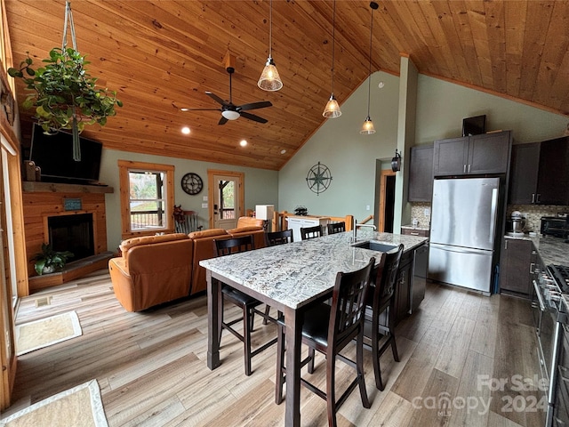 dining space featuring sink, ceiling fan, high vaulted ceiling, wood ceiling, and light wood-type flooring