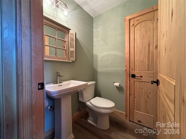 bathroom with hardwood / wood-style floors, toilet, and sink