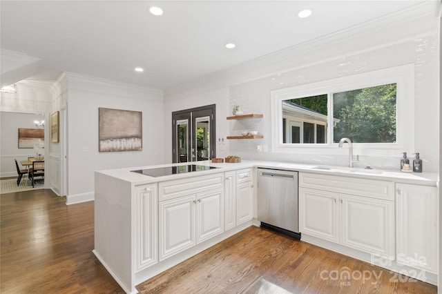 kitchen featuring black electric stovetop, white cabinets, kitchen peninsula, stainless steel dishwasher, and wood-type flooring