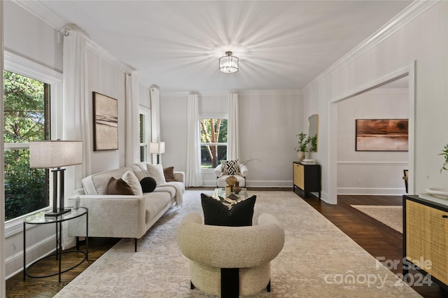 living room featuring ornamental molding, dark wood-type flooring, and a wealth of natural light