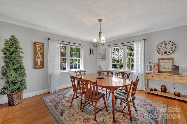 dining space featuring a chandelier, ornamental molding, light wood-style flooring, and a textured ceiling