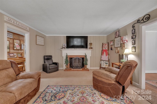 living area featuring a fireplace, crown molding, and a textured ceiling