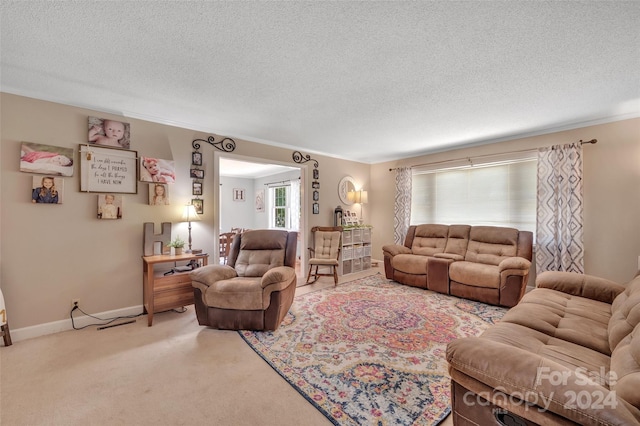 carpeted living area featuring a textured ceiling and baseboards