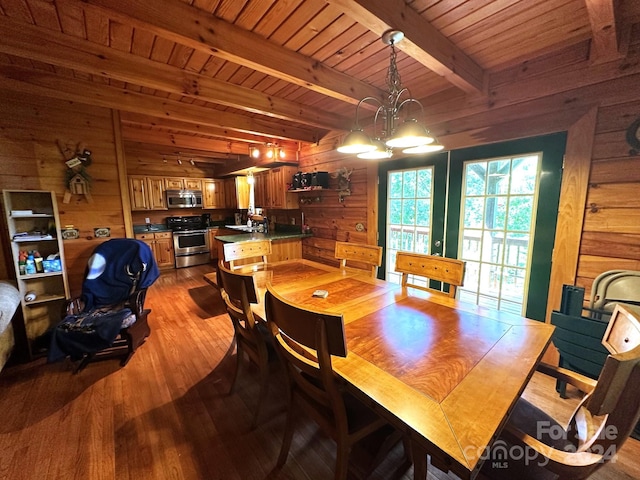 dining space with wood ceiling, light wood-type flooring, beam ceiling, and wooden walls