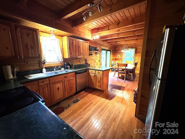 kitchen with wooden walls, light hardwood / wood-style flooring, stainless steel appliances, beamed ceiling, and kitchen peninsula