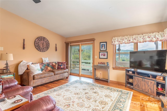 living room with vaulted ceiling and wood-type flooring