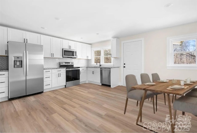 kitchen featuring backsplash, light hardwood / wood-style floors, sink, stainless steel appliances, and white cabinets