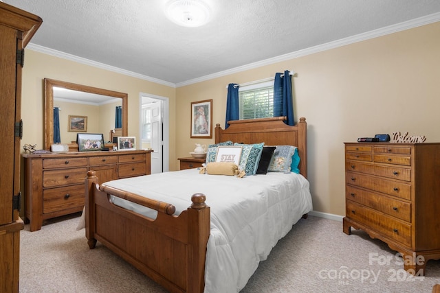 bedroom with light carpet, crown molding, and a textured ceiling