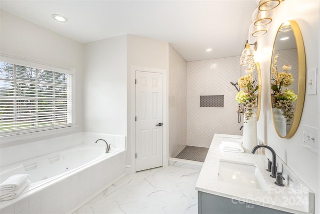 full bathroom featuring marble finish floor, double vanity, a sink, a tile shower, and a bath