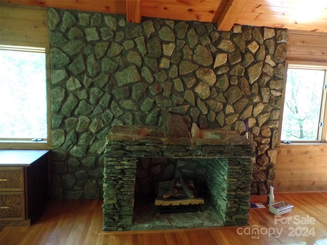 interior details featuring hardwood / wood-style flooring, a fireplace, wooden ceiling, wood walls, and beam ceiling