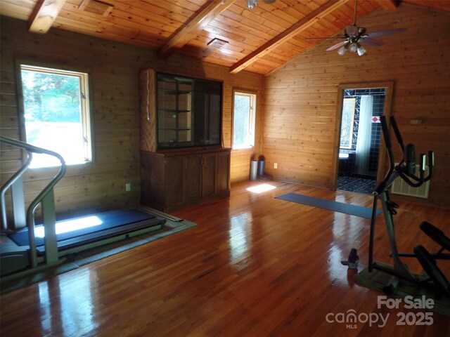 721 Kuenzel Eller Dr, Millers Creek, NC 28651 - workout area with lofted ceiling, wooden ceiling, wooden walls, wood finished floors, and ceiling fan