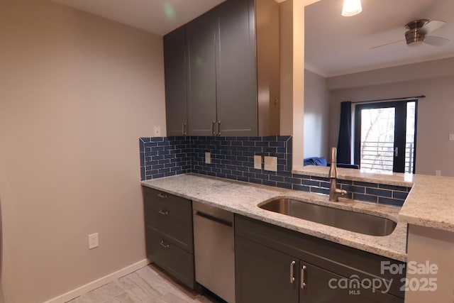 kitchen with sink, light stone counters, stainless steel dishwasher, ceiling fan, and backsplash