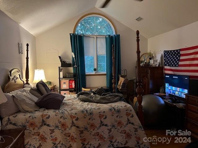 bedroom with multiple windows and lofted ceiling