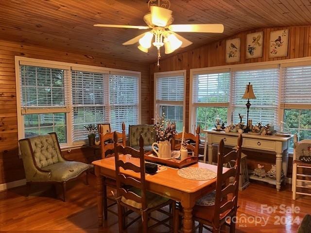 dining area with wood-type flooring, wood ceiling, lofted ceiling, ceiling fan, and wooden walls