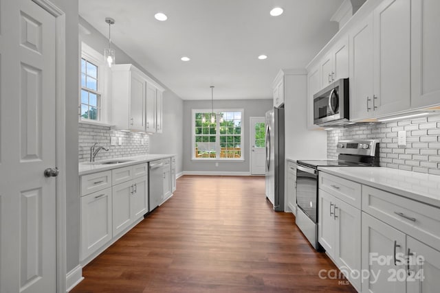 kitchen featuring stainless steel appliances, dark wood finished floors, a sink, and white cabinetry