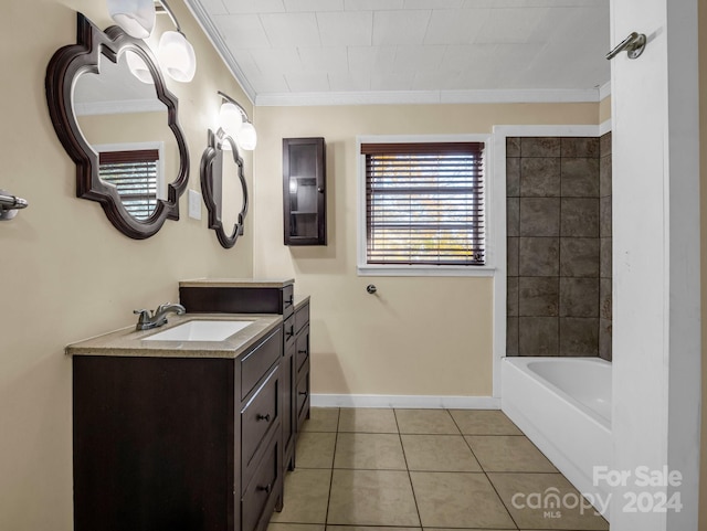 bathroom featuring tile patterned flooring, vanity, ornamental molding, and shower / bath combination