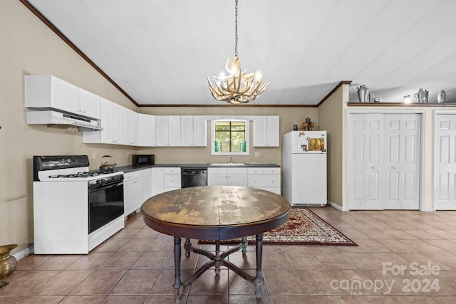 kitchen with hanging light fixtures, a chandelier, lofted ceiling, black appliances, and ornamental molding