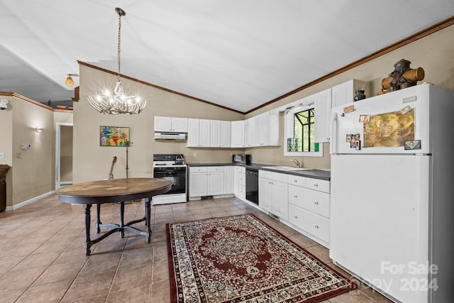 kitchen featuring crown molding, white appliances, decorative light fixtures, and white cabinets