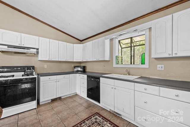 kitchen with white cabinets, vaulted ceiling, sink, white gas range oven, and black dishwasher