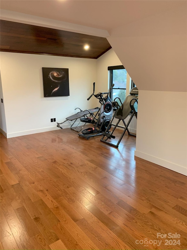 workout room with hardwood / wood-style flooring and vaulted ceiling