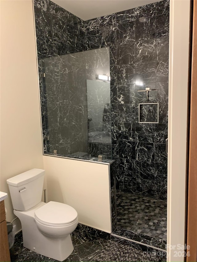 bathroom with vanity, toilet, and a tile shower