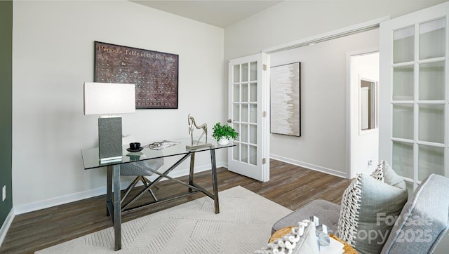 office area featuring hardwood / wood-style flooring and french doors