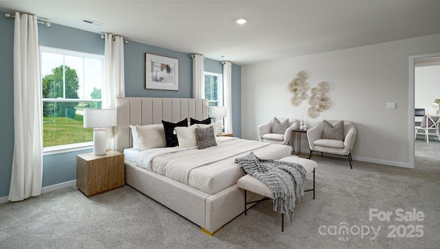 carpeted bedroom featuring multiple windows