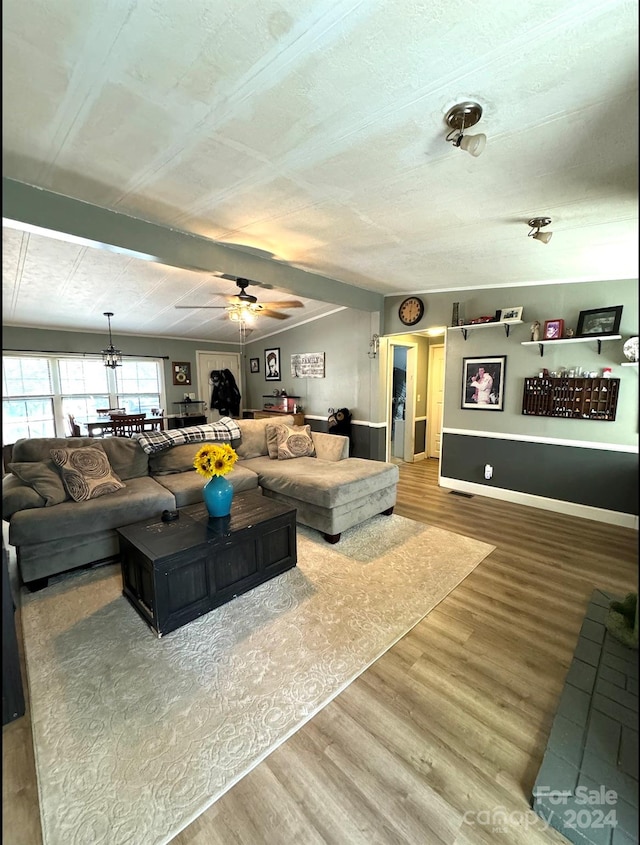 living room with ceiling fan and hardwood / wood-style flooring