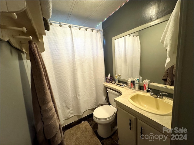 full bathroom featuring a textured ceiling, vanity, tile patterned flooring, toilet, and shower / bath combo