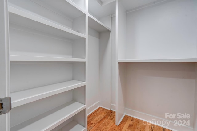 walk in closet with light hardwood / wood-style flooring