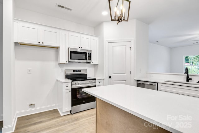 kitchen with backsplash, stainless steel appliances, sink, decorative light fixtures, and white cabinetry