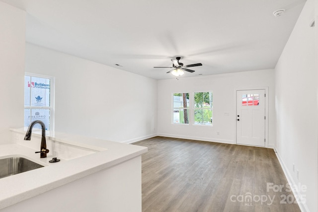 interior space featuring ceiling fan, wood-type flooring, and sink