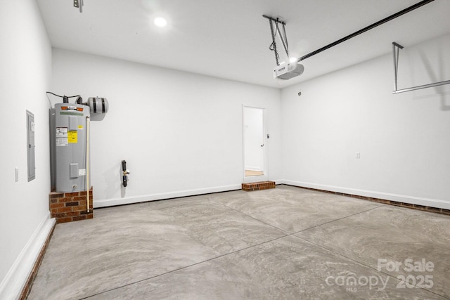 garage with electric panel, a garage door opener, and water heater