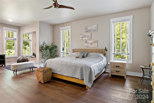 bedroom featuring ceiling fan, multiple windows, and dark hardwood / wood-style flooring