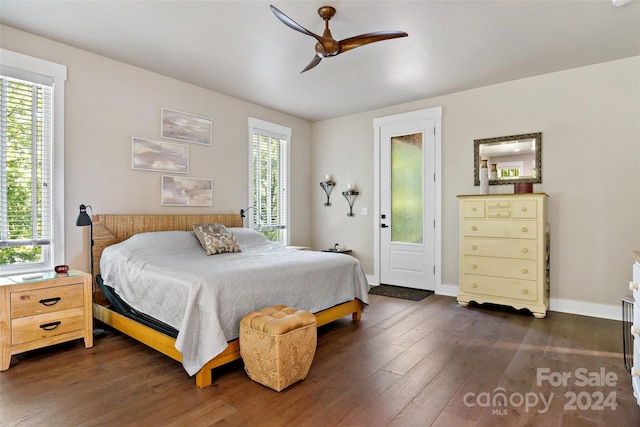 bedroom featuring ceiling fan, multiple windows, and dark hardwood / wood-style flooring