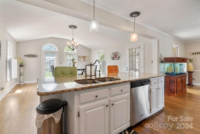 kitchen featuring light stone counters, white cabinetry, sink, a kitchen island with sink, and stainless steel dishwasher