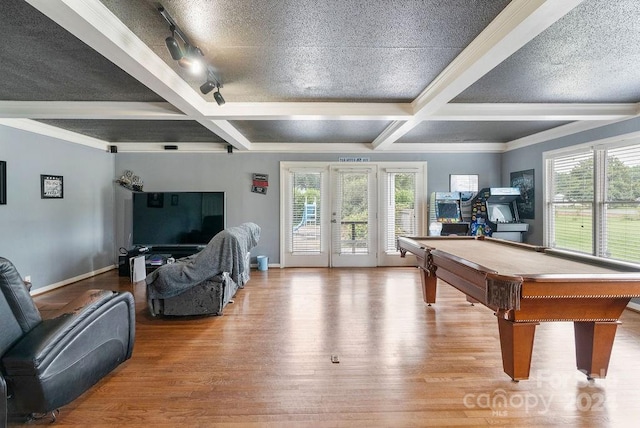 game room with coffered ceiling, billiards, plenty of natural light, and wood-type flooring