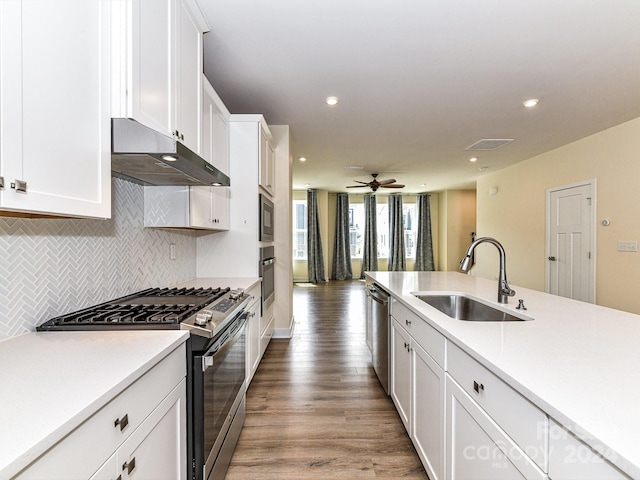 kitchen featuring white cabinets, hardwood / wood-style floors, appliances with stainless steel finishes, sink, and ceiling fan