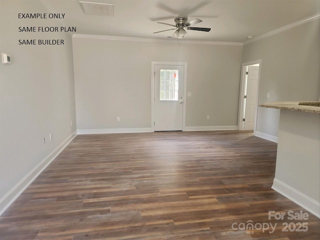 interior space featuring ceiling fan, dark hardwood / wood-style floors, and ornamental molding