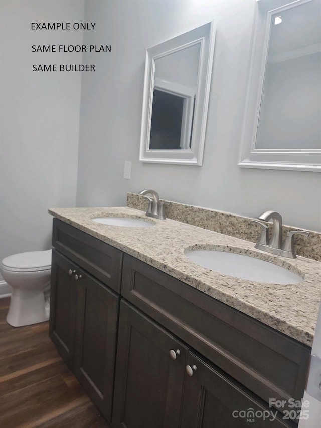 bathroom featuring toilet, vanity, and hardwood / wood-style flooring