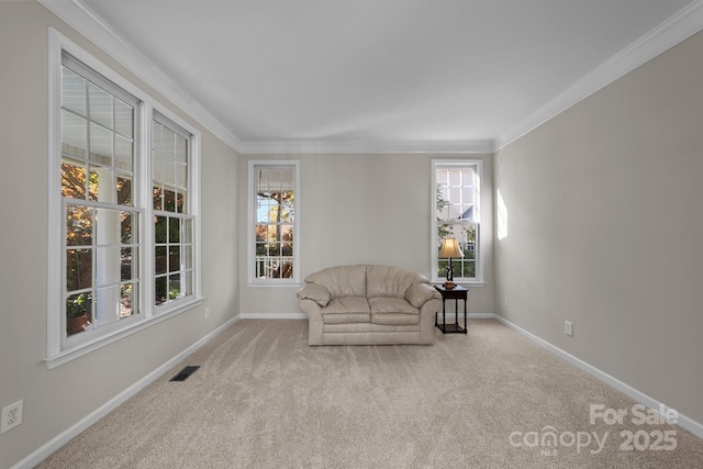 sitting room featuring light carpet and crown molding