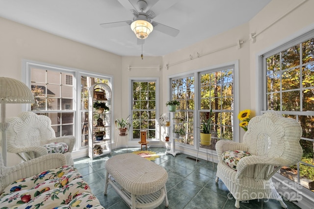 sunroom / solarium with ceiling fan