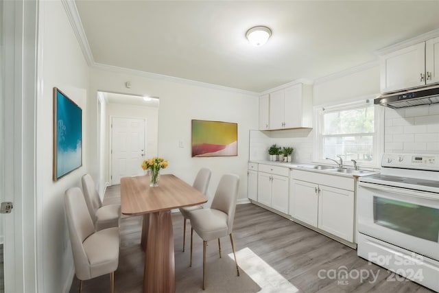 kitchen with white cabinets, tasteful backsplash, sink, and electric range