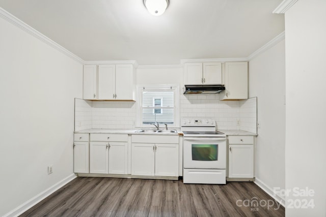 kitchen featuring dark wood-type flooring, white cabinetry, sink, and electric stove